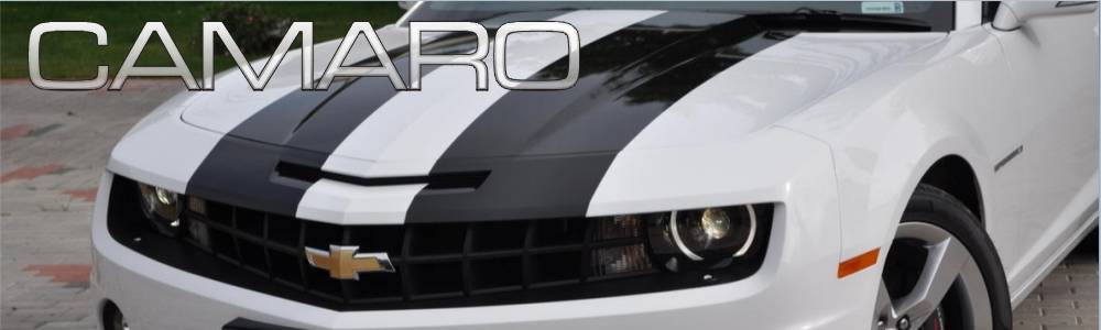 oklejanie auta Chevrolet Camaro - czarne błyszczące pasy + ramka i elementy zderzaka czarny mat